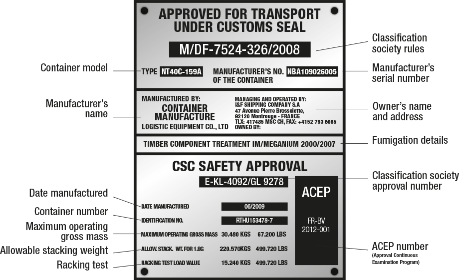 CSC Plate Large Stainless For Shipping Container Certification Safety Data plate 