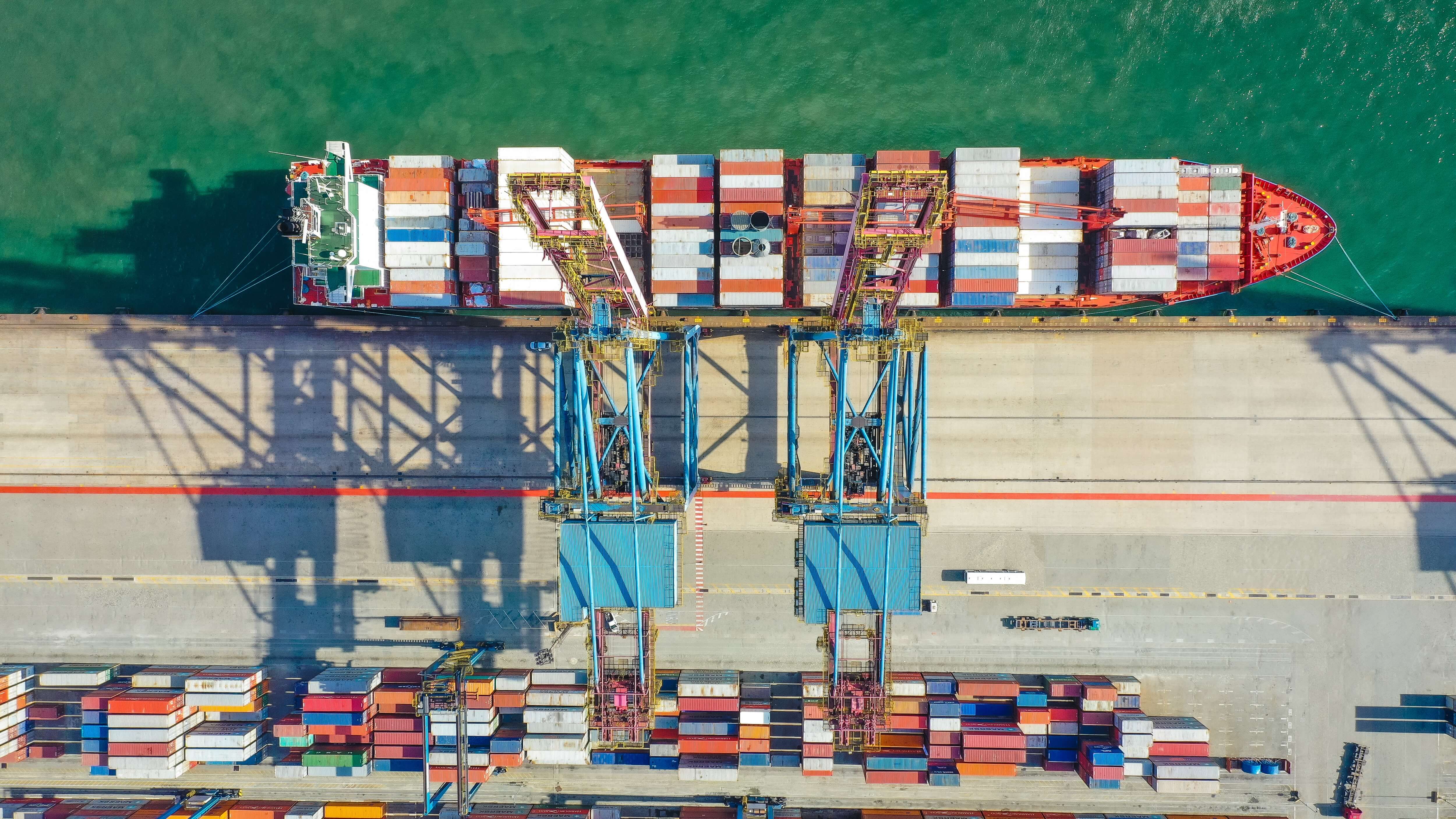 container ship docked at sea